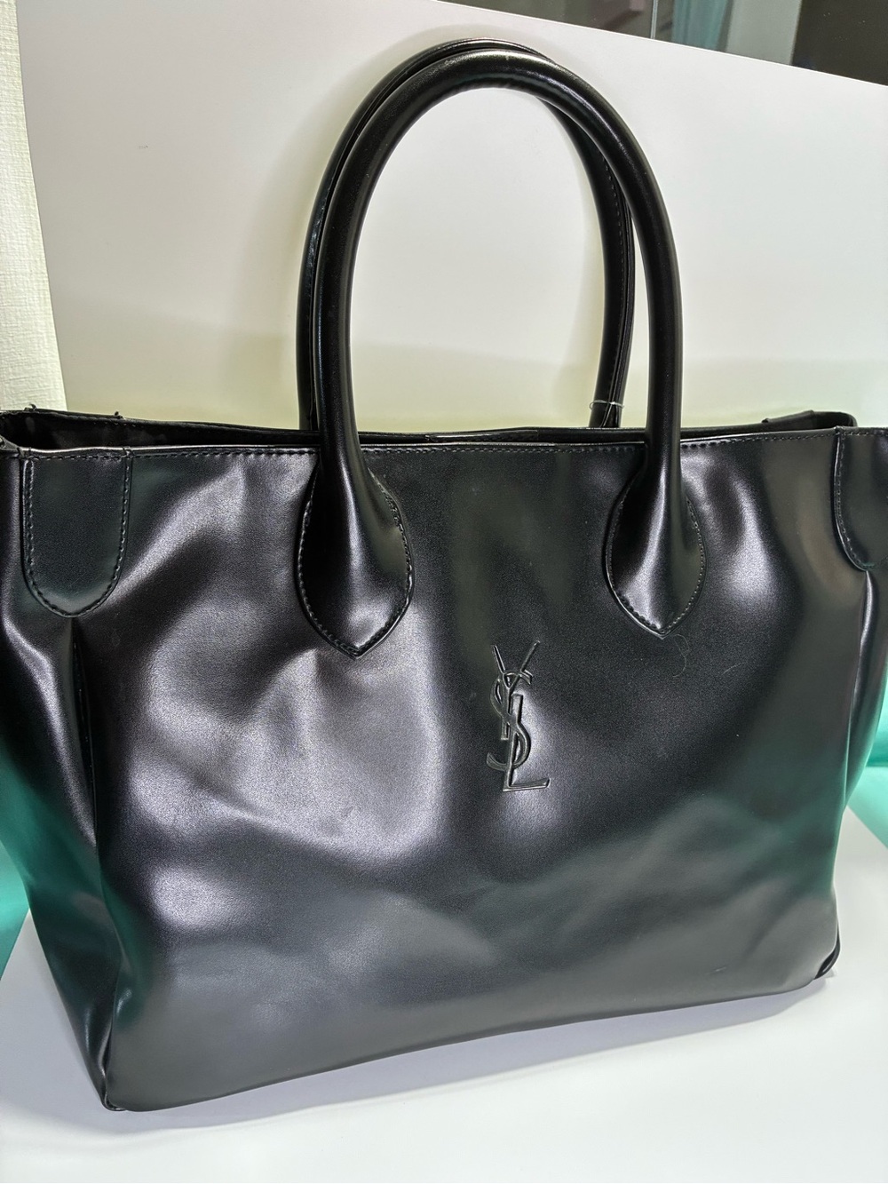 Yves Saint Laurent Smooth Black Leather Tote with Embossed YSL